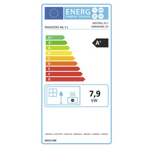 Energetický štítek EU pro Panadero Mistral 3V a Harmonie 3V, třída energetické účinnosti A plus, 7,9 kilowattů.