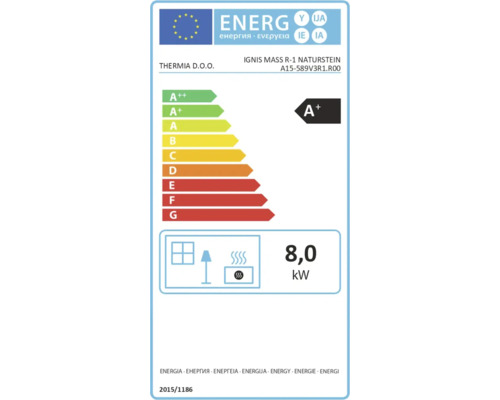 Energetický štítek pro Thermia Ignis Mass R-1 Naturstein, energetická třída A plus, 8,0 kilowattů.