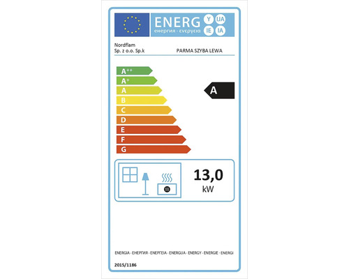 Energetický štítek EU pro Nordflam Parma Szyba Lewa, třída energetické účinnosti A, tepelný výkon 13,0 kilowattů.