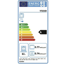 Energetický štítek EU pro troubu VT221GX, energetická třída A, objem 61 litrů, spotřeba 0,77 a 0,74 kilowatthodin na cyklus.
