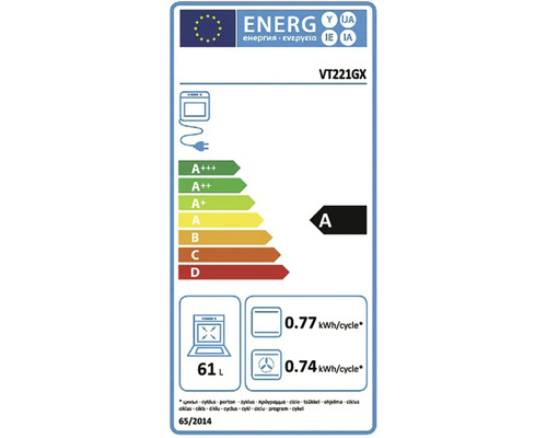 Energetický štítek EU pro troubu VT221GX, energetická třída A, objem 61 litrů, spotřeba 0,77 a 0,74 kilowatthodin na cyklus.