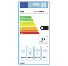 EU energetický štítek pro PKM odsavač par S13-60BBPH s třídou energetické účinnosti B, 27 kilowatthodin za rok a 65 decibely.