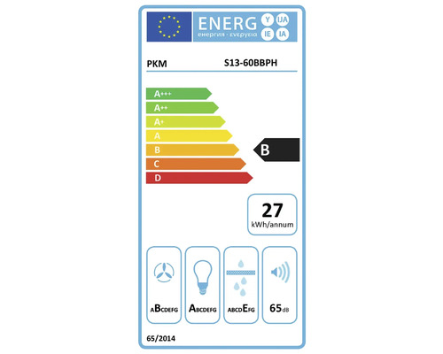 EU energetický štítek pro PKM odsavač par S13-60BBPH s třídou energetické účinnosti B, 27 kilowatthodin za rok a 65 decibely.
