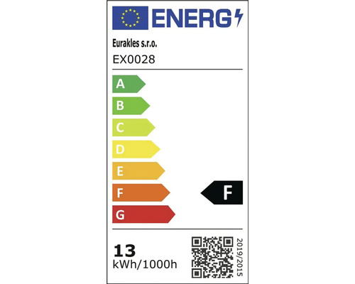 Energetický štítek EU Eurakles s.r.o. model EX0028, třída energetické účinnosti F, spotřeba 13 kilowatthodin na 1000 hodin.