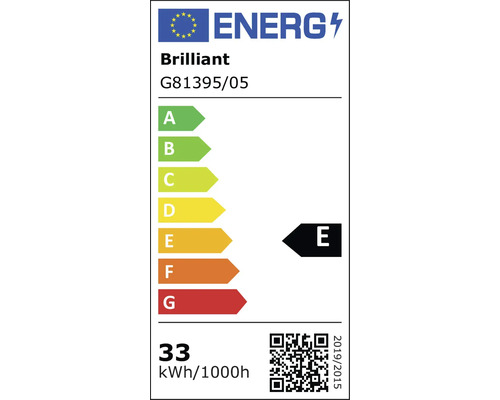 Energetický štítek pro Brilliant G81395/05, energetická třída E, spotřeba energie 33 kilowatthodin na 1000 hodin.