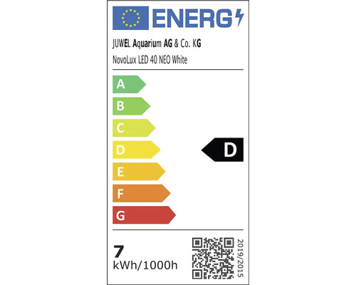 Energetický štítek EU pro JUWEL Aquarium NovoLux LED 40 NEO White, energetická třída D, spotřeba 7 kilowatthodin na 1000 hodin.