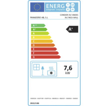 Energetický štítek pro krbová kamna Panadero Condor 3V, Andes 3V a Inca Wall s třídou energetické účinnosti A plus a výkonem 7,6 kilowattů.