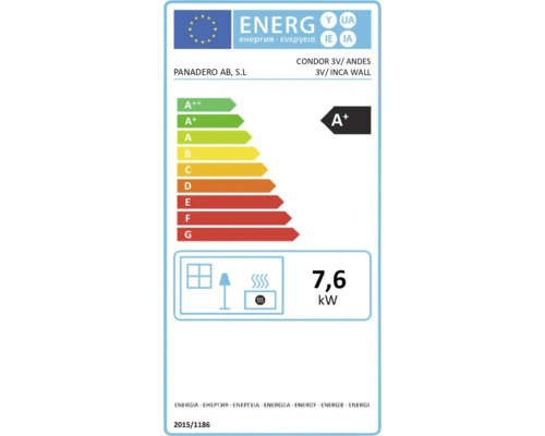 Energetický štítek pro krbová kamna Panadero Condor 3V, Andes 3V a Inca Wall s třídou energetické účinnosti A plus a výkonem 7,6 kilowattů.