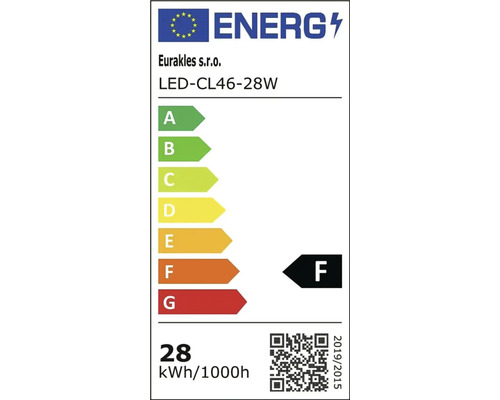 Energeticky stitek tridy F pro LED zarovku Eurakles LED-CL46-28W se spotrebou 28 kilowatthodin na 1000 hodin