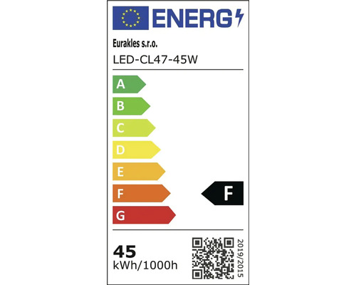 Energetický štítek EU pro LED žárovku Eurakles model LED CL47 45W s energetickou třídou F a spotřebou 45 kWh na 1000 hodin