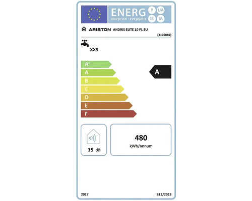 Energetický štítek EU pro ohřívač vody Ariston Andris Elite 10 PL EU s třídou energetické účinnosti A a hlučností 15 decibelů.