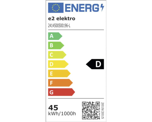Energetický štítek EU třídy D pro produkt e2 elektro 2414500500196-L se spotřebou 45 kilowatthodin na 1000 hodin