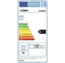 Energetický štítek Mora P140AW s třídou energetické účinnosti A, objemem 70 litrů a údaji o spotřebě energie