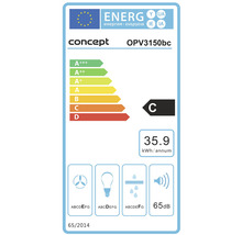 Energetický štítek pro produkt Concept s třídou energetické účinnosti C, roční spotřebou energie 35.9 kWh a hladinou hluku 65 decibelů.