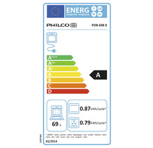 Energetický štítek trouby Philco POB 698 X s třídou energetické účinnosti A, spotřebou energie 0,87 kilowatthodin na cyklus ve standardním režimu a 0,79 kilowatthodin na cyklus s horkovzduchem a objemem 69 litrů.