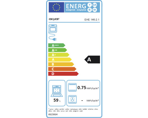 Energetický štítek Exquisit EHE 146-2.1 s třídou energetické účinnosti A, objemem 59 litrů a spotřebou energie 0,75 kilowatthodin na cyklus.
