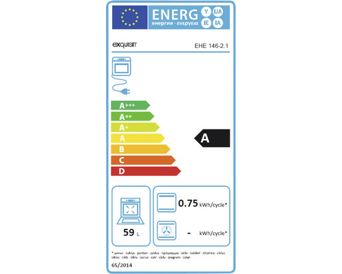 Energetický štítek pro Exquisit EHE 146-2.1 s třídou energetické účinnosti A, spotřeba energie 0,75 kWh na cyklus a objem 59 litrů