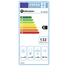 Energetický štítek Rohnson R-2004i s třídou energetické účinnosti E, roční spotřebou energie 132 kilowatthodin a hlučností 66,5 decibelů