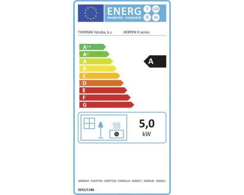Energetický štítek pro kamna s třídou energetické účinnosti A a jmenovitým tepelným výkonem 5,0 kilowatt