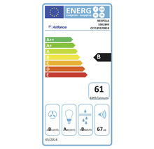 Energetický štítek pro odsavač par s třídou energetické účinnosti B, roční spotřebou energie 61 kilowatthodin a hlučností 67 decibelů