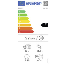 Energetický štítek pro myčku nádobí s třídou energetické účinnosti E, roční spotřebou energie 92 kilowatthodin, kapacitou 12 sad nádobí, spotřebou vody 11 litrů na mycí cyklus a hlučností 49 decibelů.