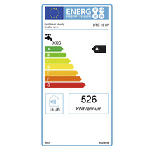 Energetický štítek pro Družstevní závody Dražice BTO 10 UP s třídou energetické účinnosti A, roční spotřebou energie 526 kWh a hlučností 15 dB.