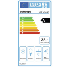 Energetický štítek pro Concept OPV3890 s třídou energetické účinnosti A a roční spotřebou energie 38,1 kWh a hlučností 68 dB