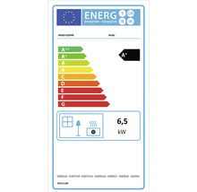 Energetický štítek Haas und Sohn pro kamna s třídou energetické účinnosti A+ a výkonem 6,5 kilowatt.