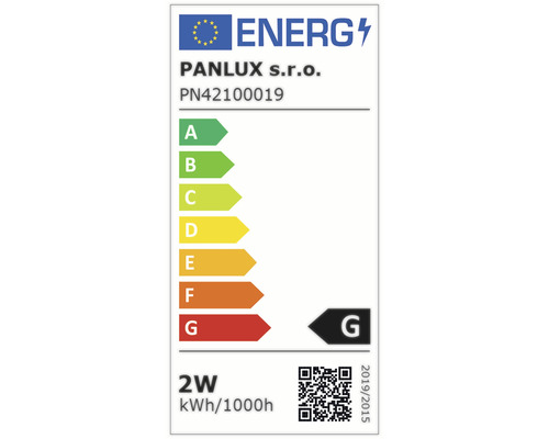 Energetický štítek od společnosti Panlux s.r.o., třída energetické účinnosti G, spotřeba energie 2 watty