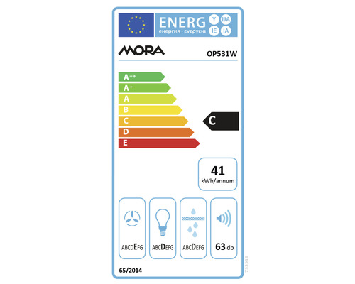 Energetický štítek Mora OP531W s třídou energetické účinnosti C, roční spotřebou energie 41 kilowatthodin a hlučností 63 decibelů
