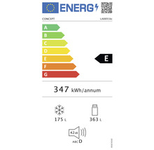 Energetický štítek s třídou energetické účinnosti E, roční spotřebou energie 347 kilowatthodin, objemem mrazicího prostoru 175 litrů, objemem chladicího prostoru 363 litrů a hlučností 42 decibelů