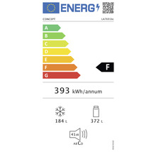Energetický štítek s třídou energetické účinnosti F, roční spotřebou energie 393 kilowatthodin, objemem mrazicího prostoru 184 litrů, objemem chladicího prostoru 372 litrů a hlučností 41 decibelů.
