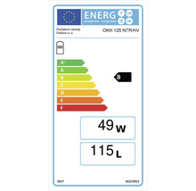 Energetický štítek pro ohřívač vody OKH 125 NTR/HV s třídou energetické účinnosti B, spotřebou energie 49 wattů a objemem 115 litrů.