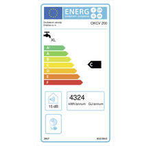Energetický štítek pro ohřívač vody OKC V 200 s třídou energetické účinnosti C, odběrovým profilem XL, hlučností 15 decibelů a roční spotřebou energie 4324 kilowatthodin.