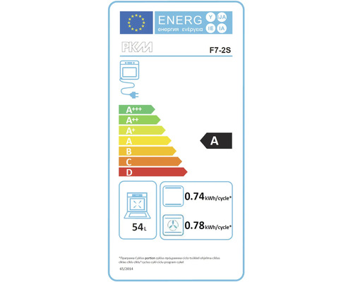Energetický štítek PKM F7-2S s třídou energetické účinnosti A, spotřeba energie 0,74 kilowatthodin na cyklus, objem 54 litrů