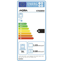 Energetický štítek Mora K7668BW s třídou energetické účinnosti A, objem 70 litrů a spotřeba energie na cyklus.