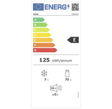 Energetický štítek Mora CB984W s třídou energetické účinnosti E, roční spotřebou energie 125 kilowatthodin, objemem mrazicího prostoru 7 litrů a objemem chladicího prostoru 75 litrů a hlučností 38 decibelů