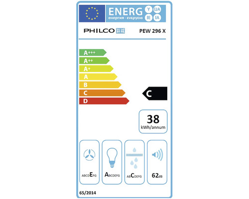 Energetický štítek pro PHILCO PEW 296 X s třídou energetické účinnosti C, roční spotřebou energie 38 kilowatthodin a hlučností 62 decibelů