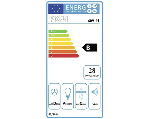 Logo PKM, energetická třída B, spotřeba energie 28 kilowatthodin ročně, hladina hluku 64 decibelů