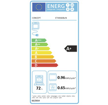 Energetický štítek pro troubu Concept ETV8360bcN s třídou energetické účinnosti A+, spotřebou energie 0,96 kilowatthodin na cyklus v konvenčním režimu a 0,65 kilowatthodin na cyklus v režimu horkovzduchu a objemem 72 litrů.