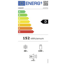 Energetický štítek s třídou energetické účinnosti D, roční spotřebou energie 152 kilowatthodin, objemem mrazáku 48 litrů, objemem chladničky 109 litrů a hlučností 39 decibelů