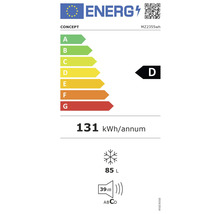 Energetický štítek s třídou energetické účinnosti D, roční spotřebou energie 131 kilowatthodin, objemem mrazicího prostoru 85 litrů a hlučností 39 decibelů.