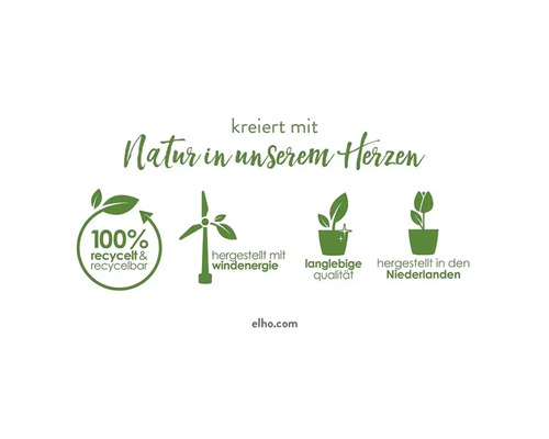 Značka udržitelnosti Elho: 100 procent recyklovaný, vyrobeno pomocí větrné energie, trvanlivá kvalita, vyrobeno v Nizozemsku