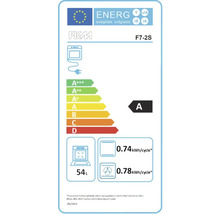 Energetický štítek pro troubu PKM F7-2S s třídou energetické účinnosti A, objemem 54 litrů a spotřebou energie 0,74 kWh na cyklus ve standardním režimu, respektive 0,78 kWh na cyklus v režimu horkovzduchu