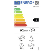 Energetický štítek PKM GSP12-4E FI s třídou energetické účinnosti E, spotřeba energie 92 kWh na 100 mycích cyklů, 12 sad nádobí, spotřeba vody 11,0 litrů, trvání programu 3 hodiny 50 minut, hlučnost 52 decibelů.