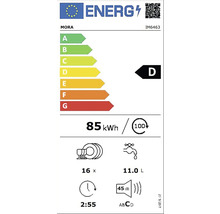 Energetický štítek Mora D s informacemi o spotřebě energie, spotřebě vody a úrovni hluku