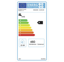 Energetický štítek pro průtokový ohřívač s třídou energetické účinnosti A, 5,5/9 kilowattů, 22 decibelů