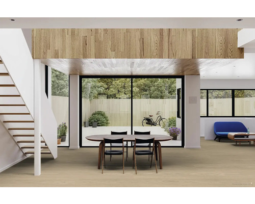 Světlý obývací pokoj se schodištěm, jídelní sestavou a prosklenou stěnou