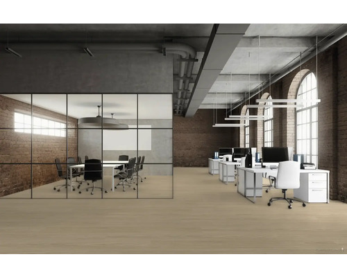 Kancelářský prostor s konferenční místností, stoly a kancelářskými židlemi