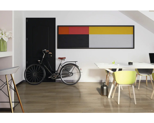 Moderní pokoj s černými dveřmi, jízdním kolem, uměleckým dílem a jídelním stolem na dřevěné podlaze